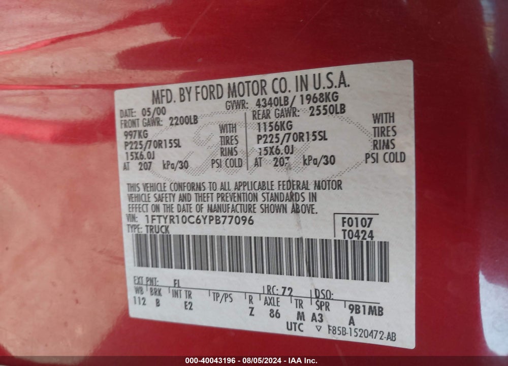 2000 FORD RANGER XL/XLT VIN: 1FTYR10C6YPB77096