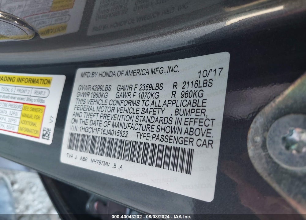 2018 HONDA ACCORD LX VIN: 1HGCV1F16JA015622