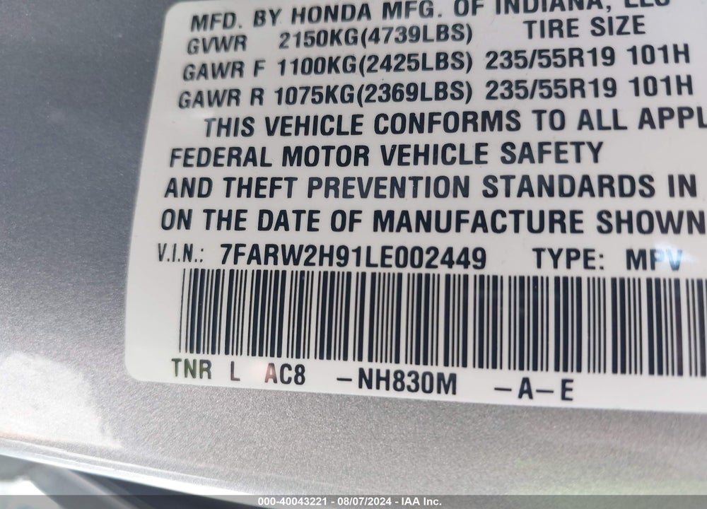 2020 HONDA CR-V AWD TOURING VIN: 7FARW2H91LE002449