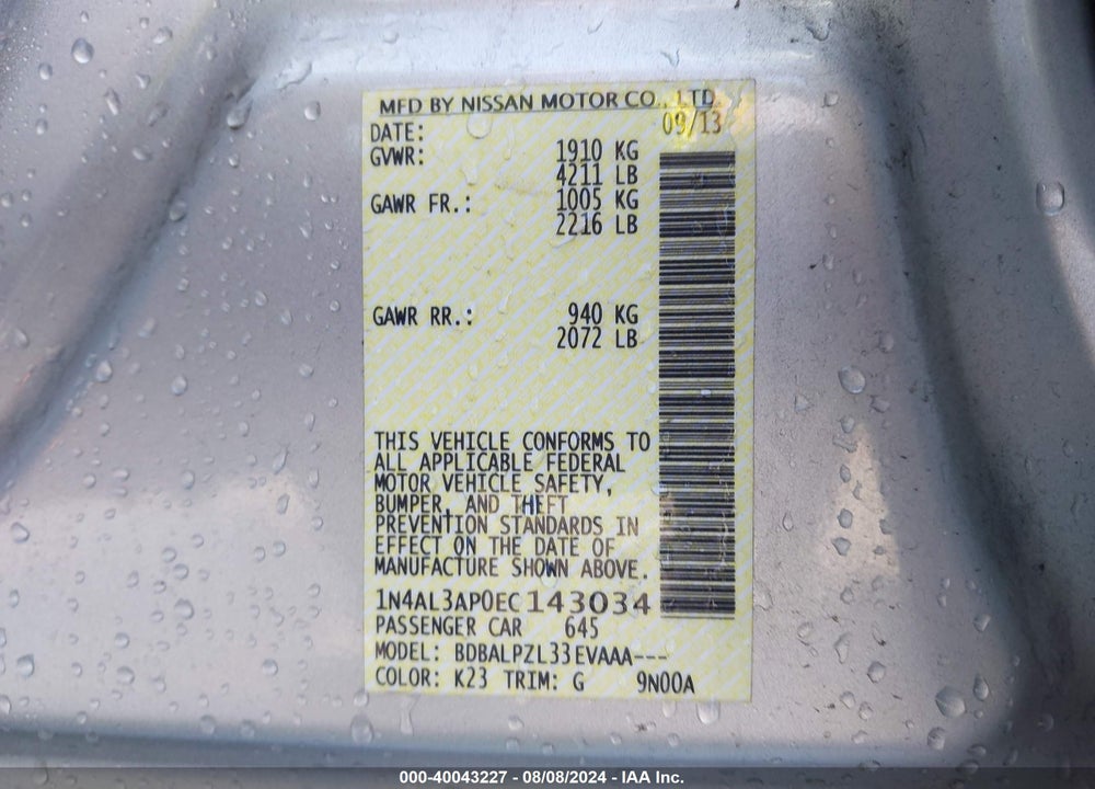 2014 NISSAN ALTIMA 2.5 VIN: 1N4AL3AP0EC143034