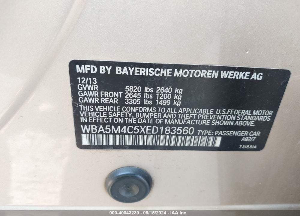 2014 BMW 535I GRAN TURISMO XDRIVE VIN: WBA5M4C5XED183560