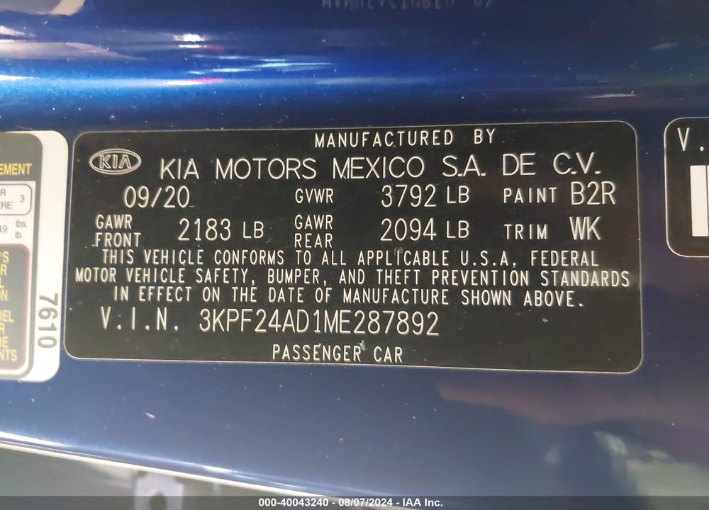 2021 KIA FORTE LXS VIN: 3KPF24AD1ME287892