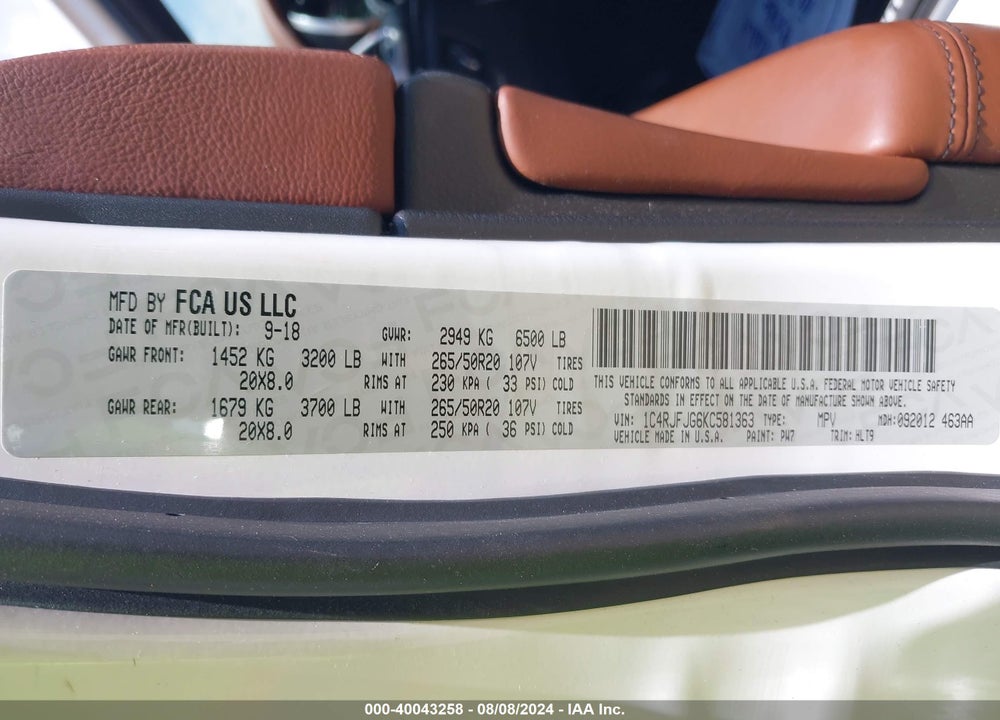 2019 JEEP GRAND CHEROKEE SUMMIT 4X4 VIN: 1C4RJFJG6KC581363