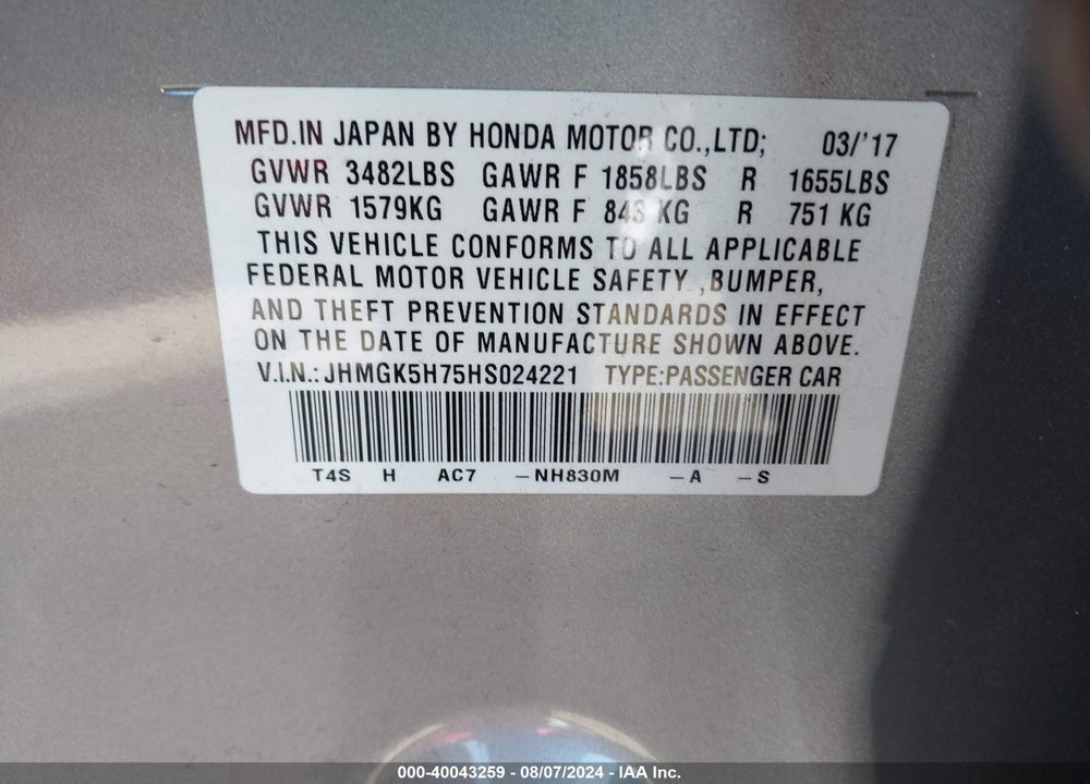 2017 HONDA FIT EX VIN: JHMGK5H75HS024221