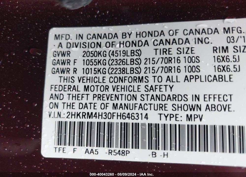 2015 HONDA CR-V LX VIN: 2HKRM4H30FH646314