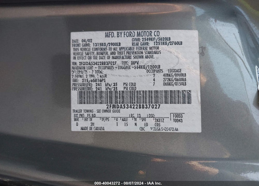 2002 FORD WINDSTAR SEL VIN: 2FMDA53422BB37027