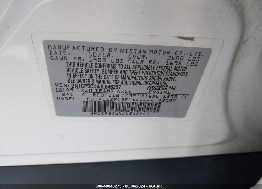 2018 NISSAN KICKS SV VIN: 3N1CP5CU4JL545257