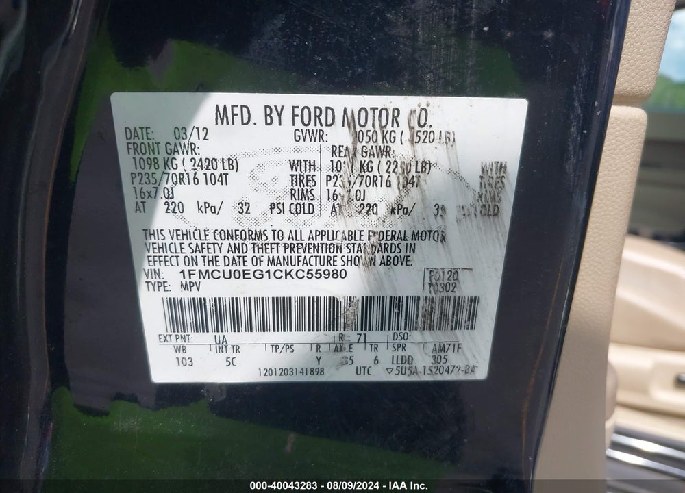 2012 FORD ESCAPE LIMITED VIN: 1FMCU0EG1CKC55980