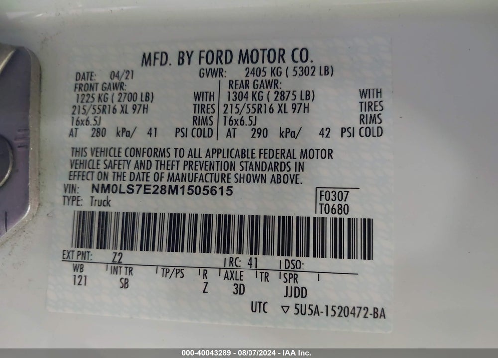 2021 FORD TRANSIT CONNECT XL VIN: NM0LS7E28M1505615