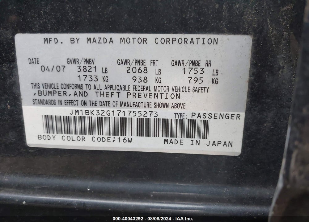 2007 MAZDA 3 I VIN: JM1BK32G171755273