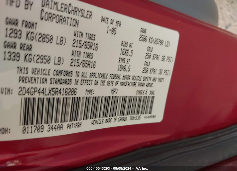 2005 DODGE GRAND CARAVAN SXT VIN: 2D4GP44LX5R416286