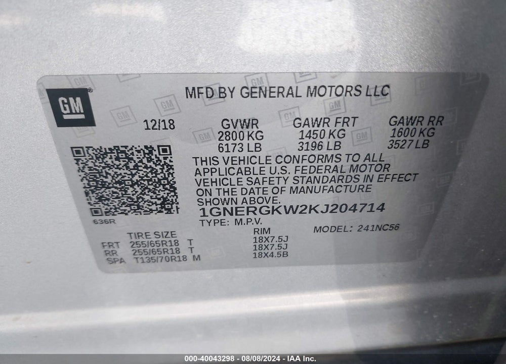2019 CHEVROLET TRAVERSE 1LT VIN: 1GNERGKW2KJ204714