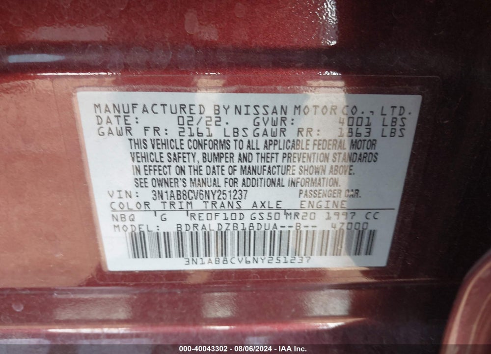 2022 NISSAN SENTRA SV XTRONIC CVT VIN: 3N1AB8CV6NY251237