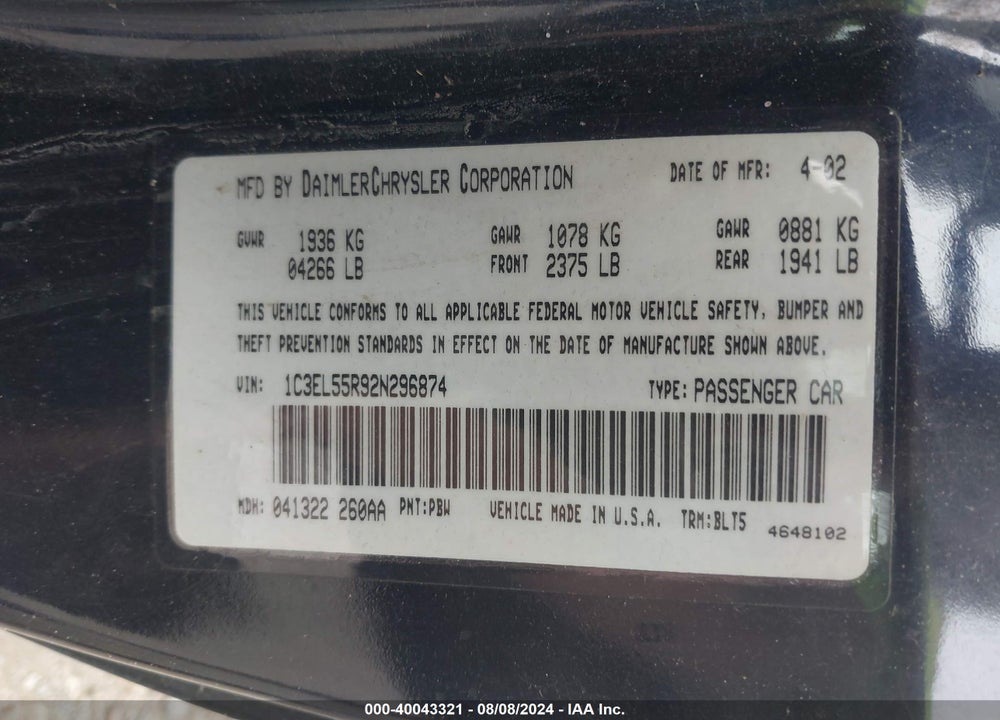 2002 CHRYSLER SEBRING LXI VIN: 1C3EL55R92N296874