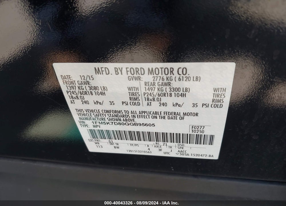 2016 FORD EXPLORER XLT VIN: 1FM5K7D80GGB95605
