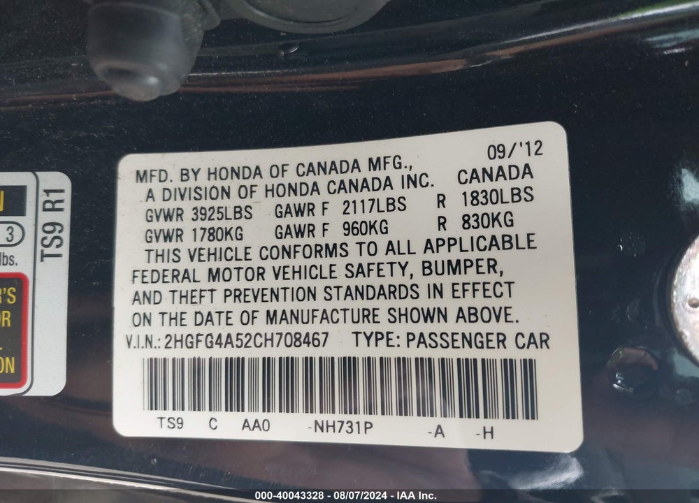 2012 HONDA CIVIC SI VIN: 2HGFG4A52CH708467