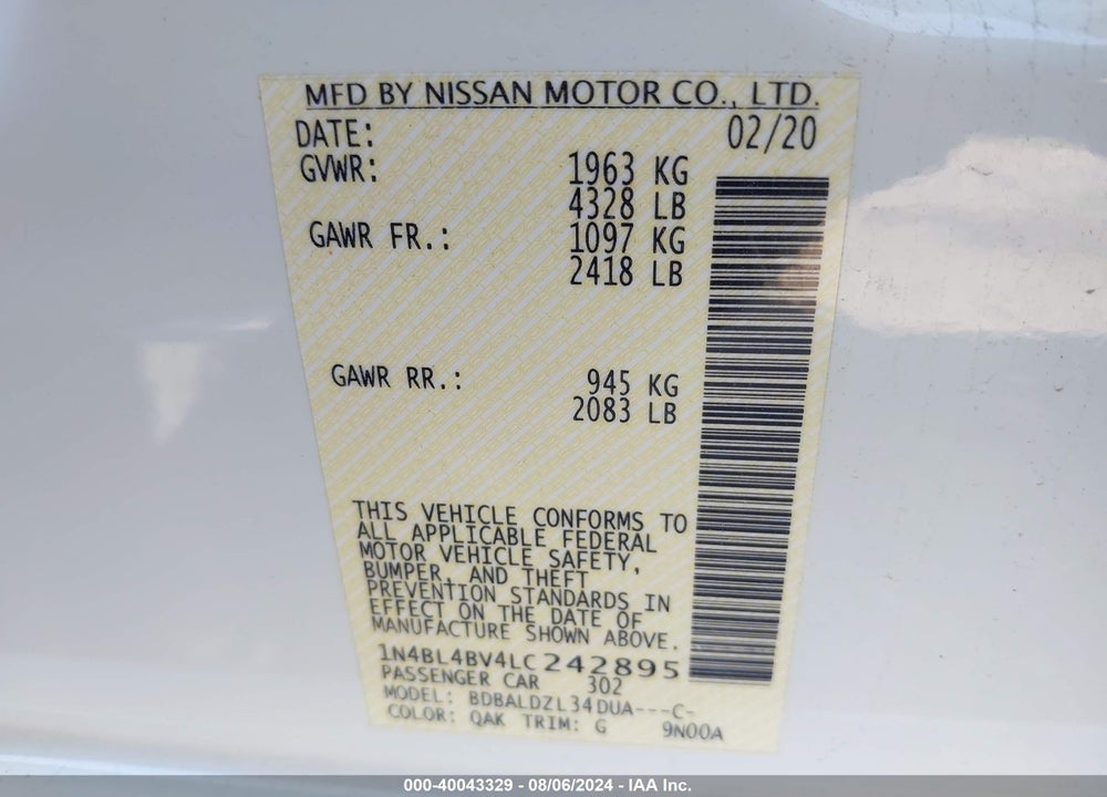 2020 NISSAN ALTIMA S FWD VIN: 1N4BL4BV4LC242895