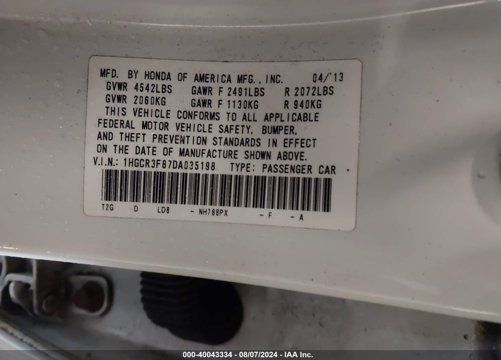 2013 HONDA ACCORD EX-L V-6 VIN: 1HGCR3F87DA035198