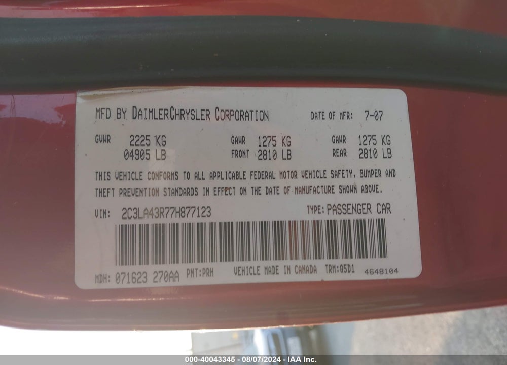 2007 CHRYSLER 300 VIN: 2C3LA43R77H877123