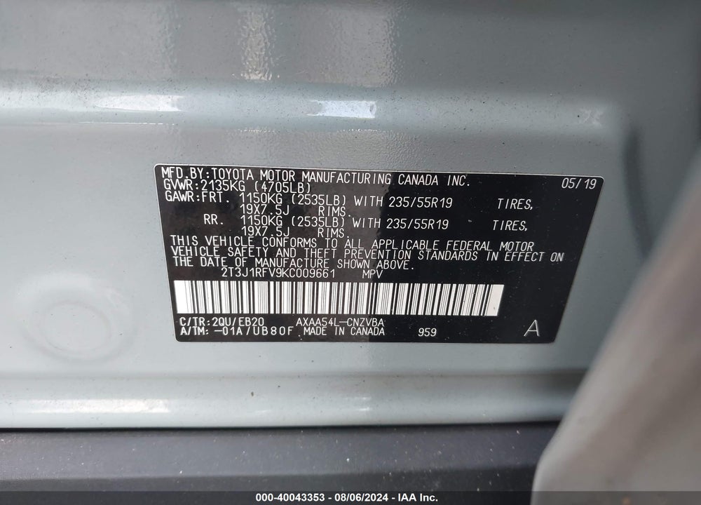 2019 TOYOTA RAV4 ADVENTURE VIN: 2T3J1RFV9KC009661