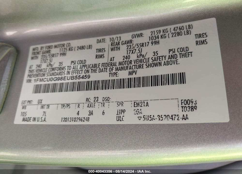 2014 FORD ESCAPE SE VIN: 1FMCU0G98EUB55459
