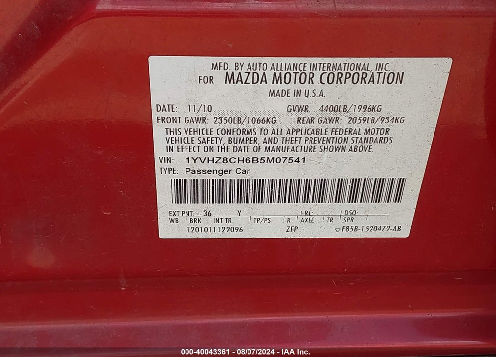 2011 MAZDA MAZDA6 VIN: 1YVHZ8CH6B5M07541