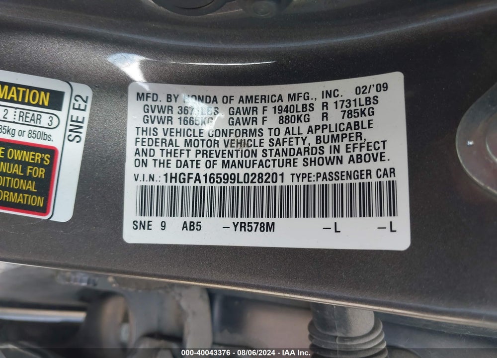 2009 HONDA CIVIC LX VIN: 1HGFA16599L028201