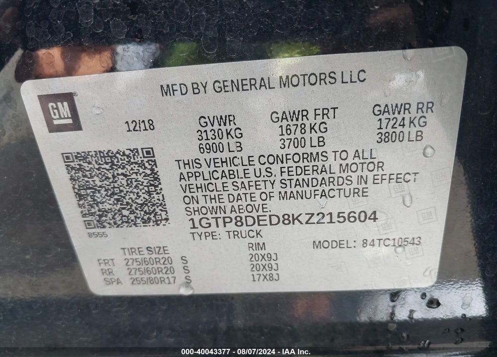 2019 GMC SIERRA 1500 SLT VIN: 1GTP8DED8KZ215604