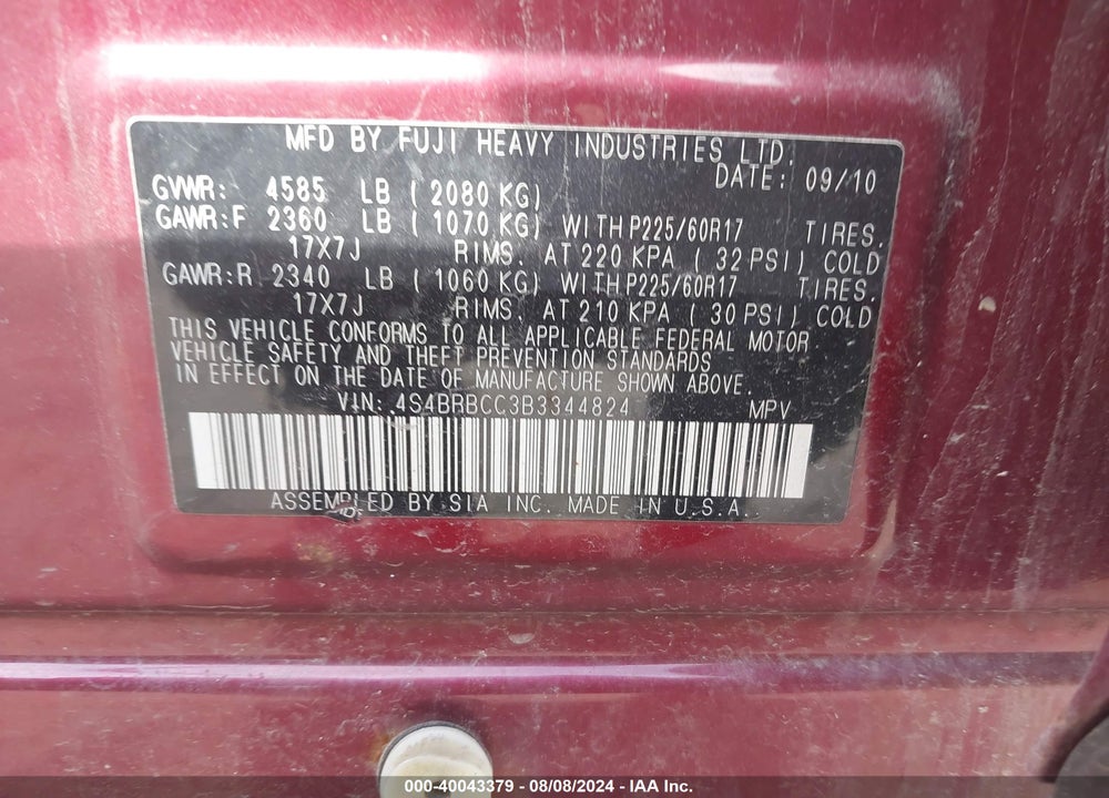 2011 SUBARU OUTBACK 2.5I PREMIUM VIN: 4S4BRBCC3B3344824