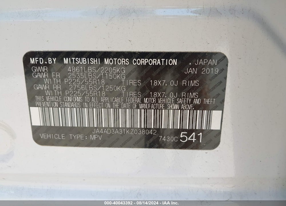 2019 MITSUBISHI OUTLANDER SEL VIN: JA4AD3A31KZ038042