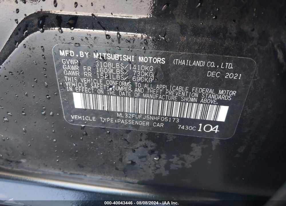 2022 MITSUBISHI MIRAGE G4 BLACK EDITION VIN: ML32FUFJ5NHF05173