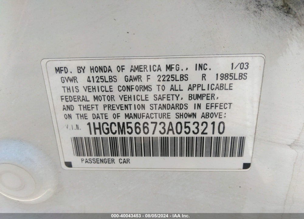 2003 HONDA ACCORD 2.4 EX VIN: 1HGCM56673A053210
