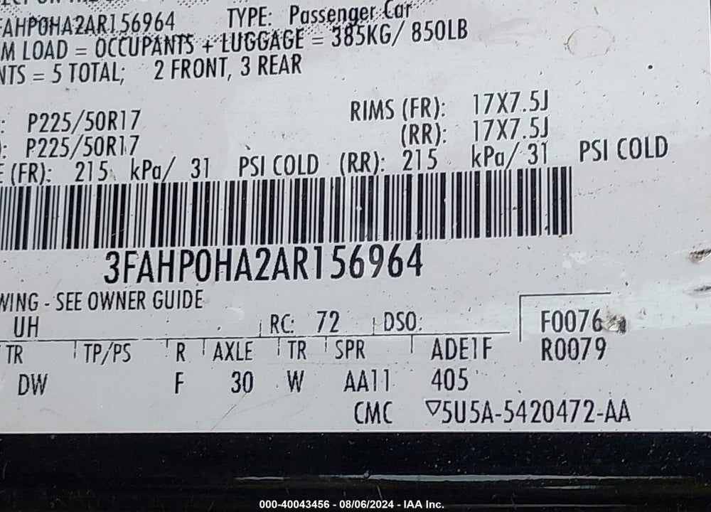2010 FORD FUSION SE VIN: 3FAHP0HA2AR156964