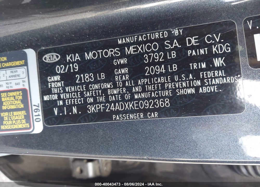 2019 KIA FORTE LXS VIN: 3KPF24ADXKE092368