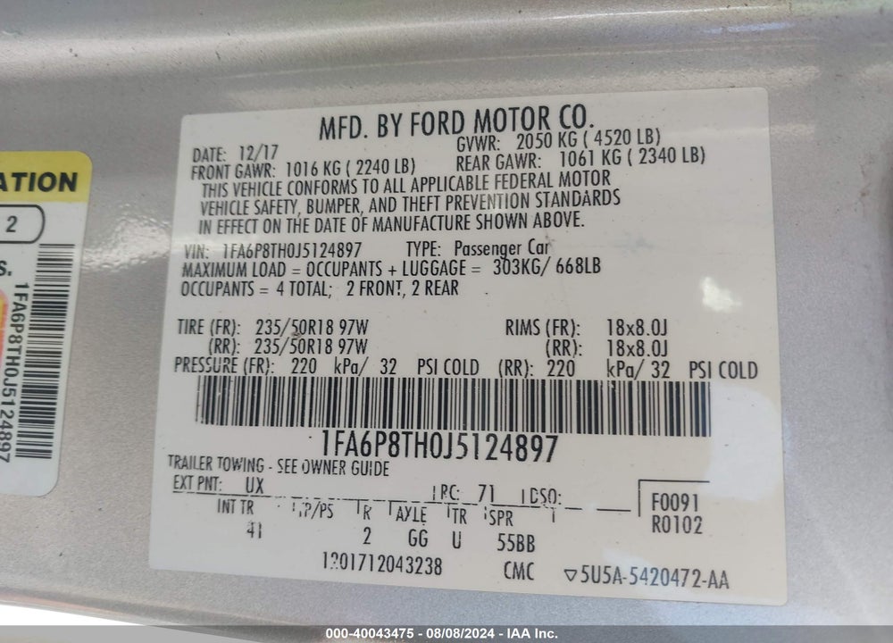 2018 FORD MUSTANG VIN: 1FA6P8TH0J5124897