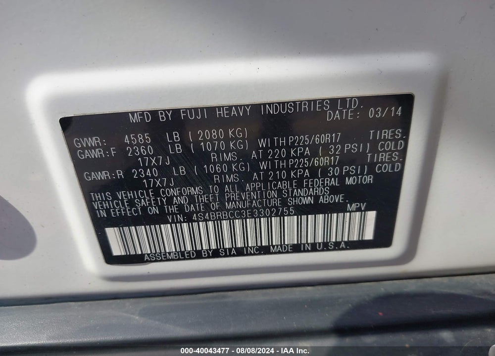 2014 SUBARU OUTBACK 2.5I PREMIUM VIN: 4S4BRBCC3E3302755