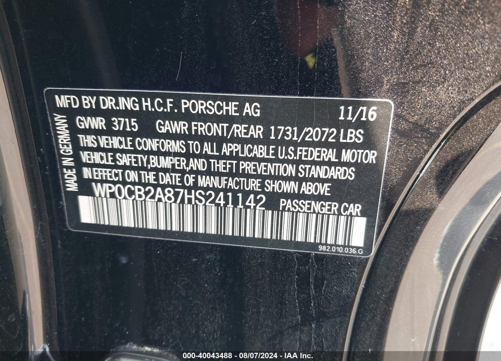 2017 PORSCHE 718 BOXSTER S VIN: WP0CB2A87HS241142