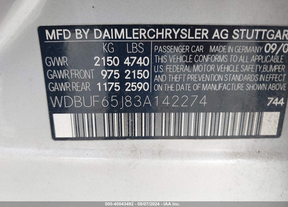 2003 MERCEDES-BENZ E 320 VIN: WDBUF65J83A142274