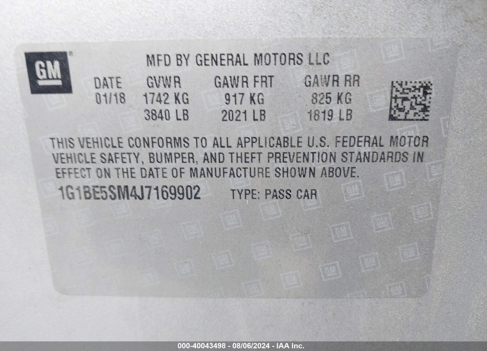 2018 CHEVROLET CRUZE LT AUTO VIN: 1G1BE5SM4J7169902