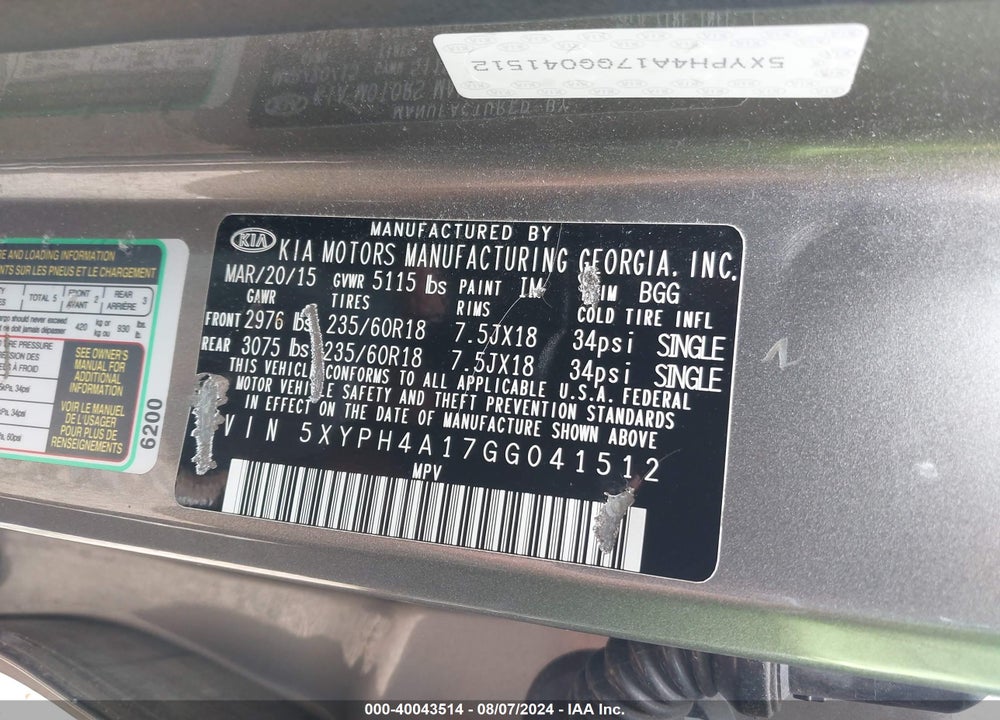 2016 KIA SORENTO 2.0T EX VIN: 5XYPH4A17GG041512