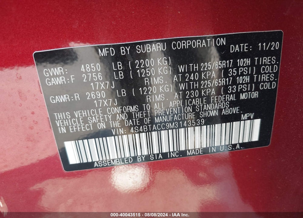 2021 SUBARU OUTBACK PREMIUM VIN: 4S4BTACC9M3143539