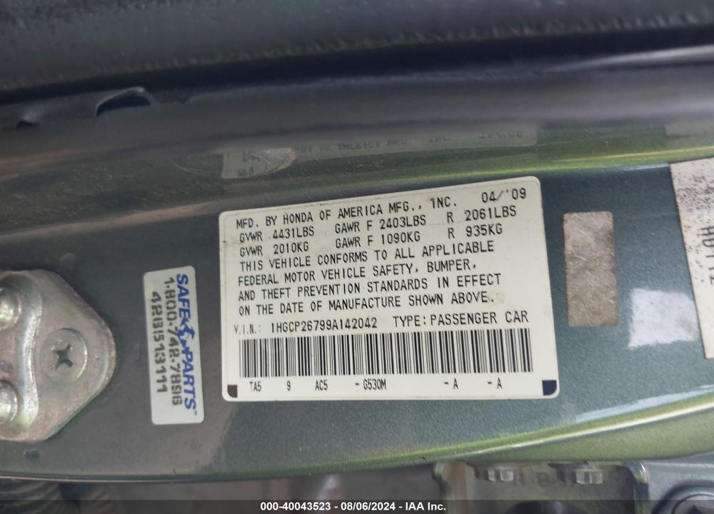 2009 HONDA ACCORD VIN: 1HGCP26799A142042