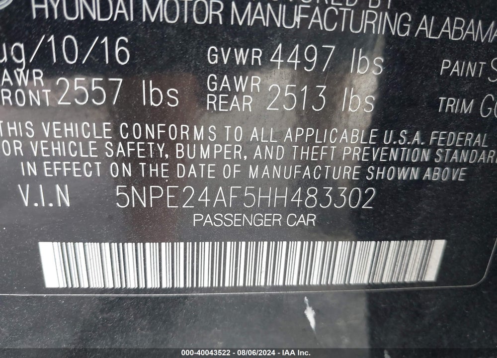 2017 HYUNDAI SONATA SE VIN: 5NPE24AF5HH483302
