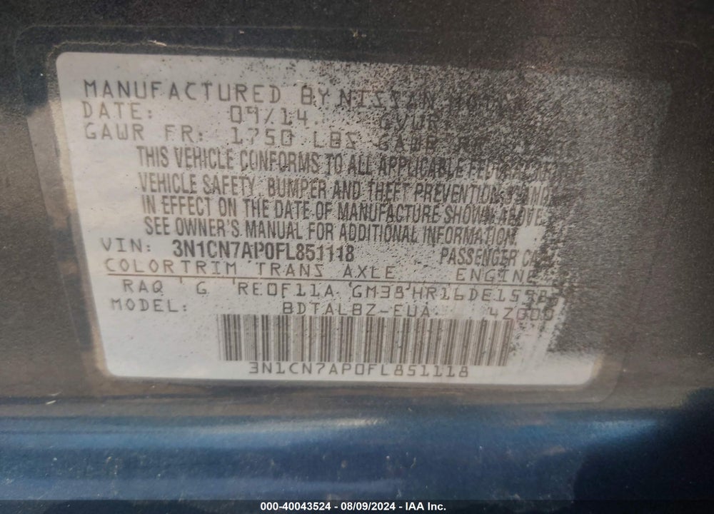 2015 NISSAN VERSA 1.6 SV VIN: 3N1CN7AP0FL851118