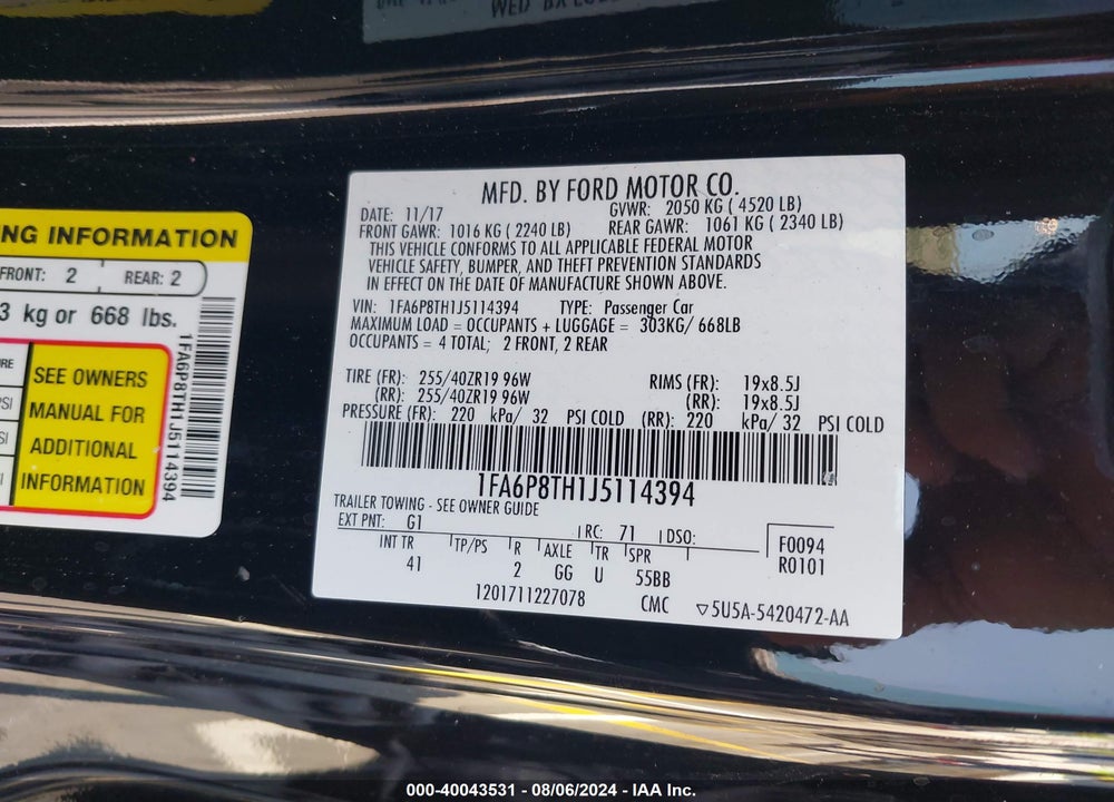 2018 FORD MUSTANG ECOBOOST VIN: 1FA6P8TH1J5114394