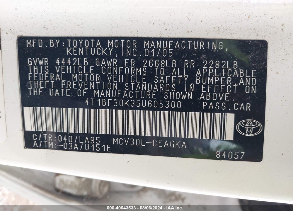 2005 TOYOTA CAMRY XLE V6 VIN: 4T1BF30K35U605300