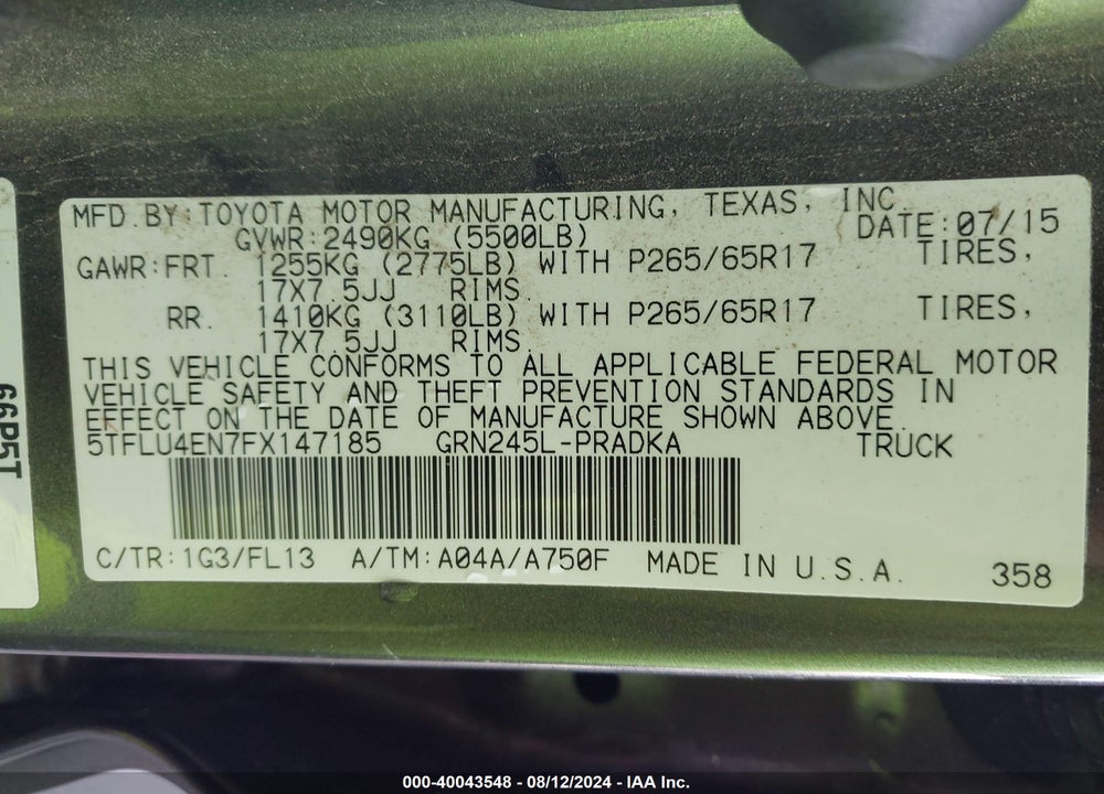 2015 TOYOTA TACOMA BASE V6 VIN: 5TFLU4EN7FX147185