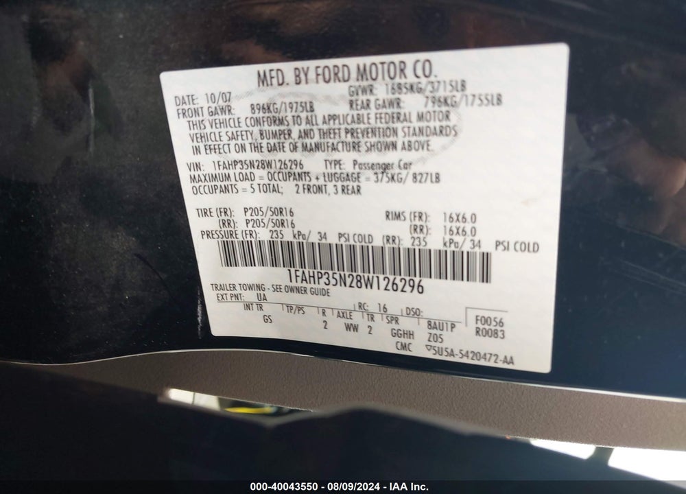2008 FORD FOCUS SE/SES VIN: 1FAHP35N28W126296