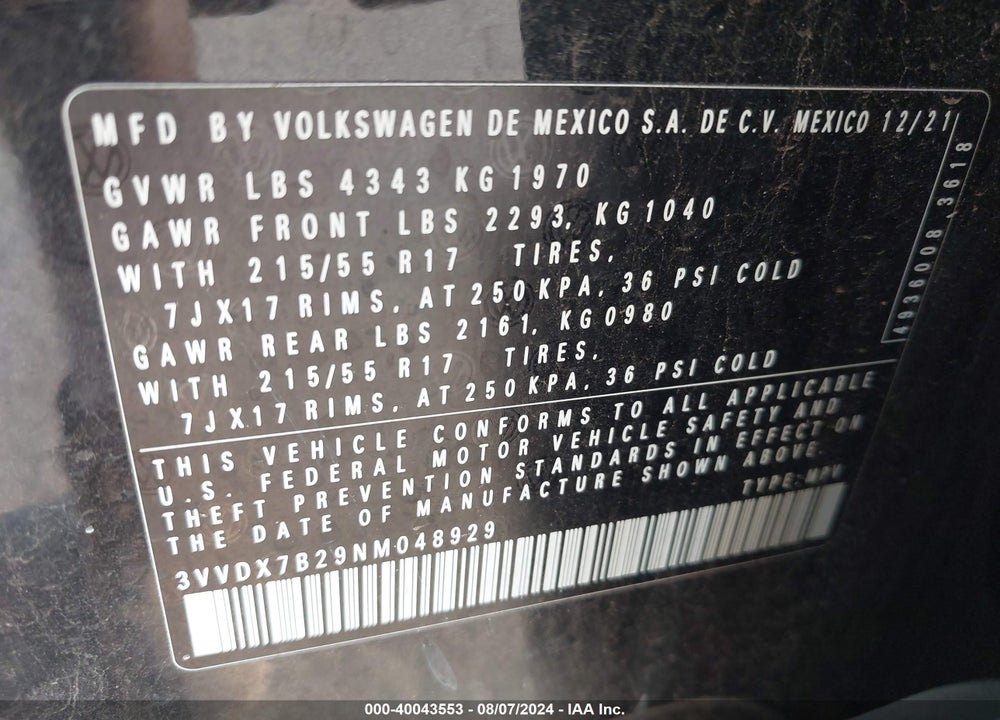 2022 VOLKSWAGEN TAOS 1.5T S VIN: 3VVDX7B29NM048929