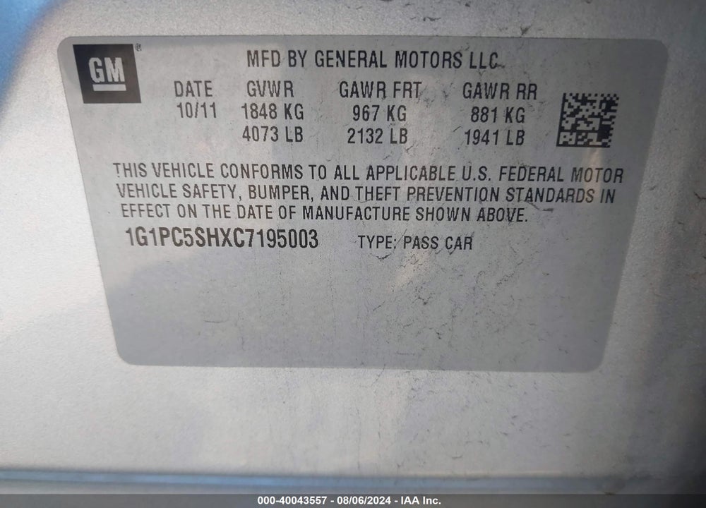 2012 CHEVROLET CRUZE LS VIN: 1G1PC5SHXC7195003